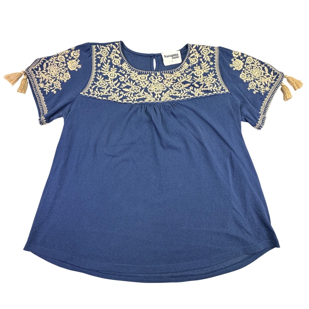 Savanna Jane Navy Top with Cream Embroidered Yoke and Tassels